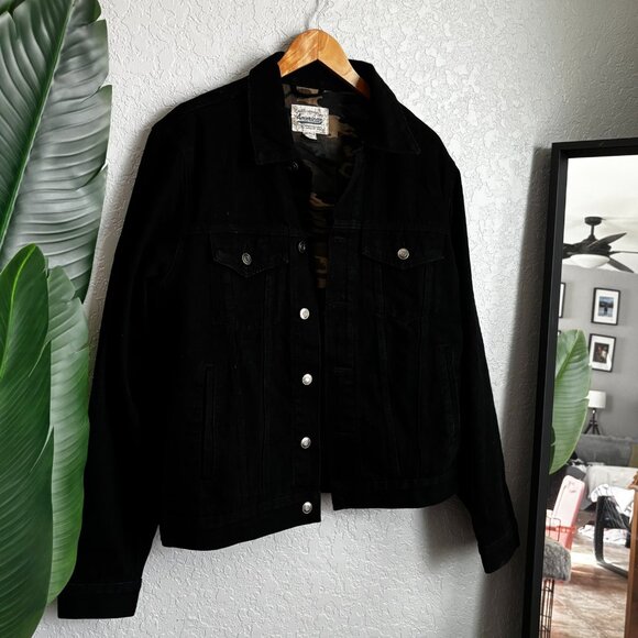 American Black Denim Jacket - Classic Jean Jacket Camo Lining in Large - Picture 1 of 2